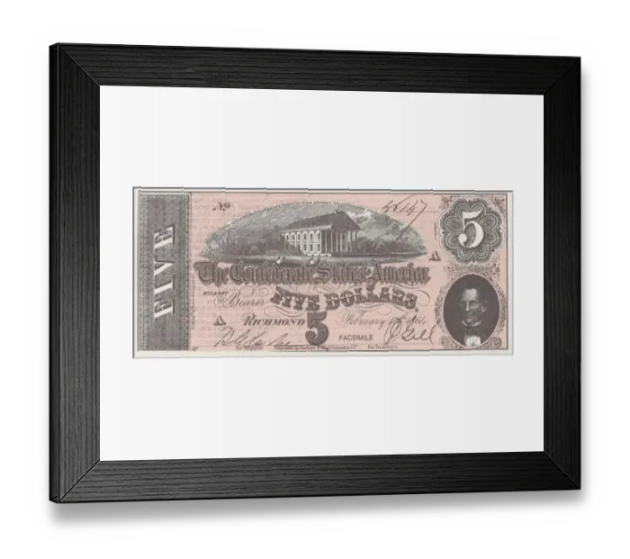 Framed Print : Bank Note. A Photograph of a Five Dollar Bank Note issued on February 17, 1864 Framed Print : Bank Note. A Photograph of a Five Dollar Bank Note issued on February 17, 1864