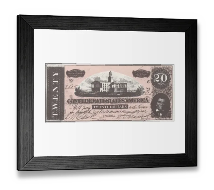 Framed Print : Bank Note. A Photograph of a Twenty Dollar Bank Note issued on February 17, 1864 Framed Print : Bank Note. A Photograph of a Twenty Dollar Bank Note issued on February 17, 1864