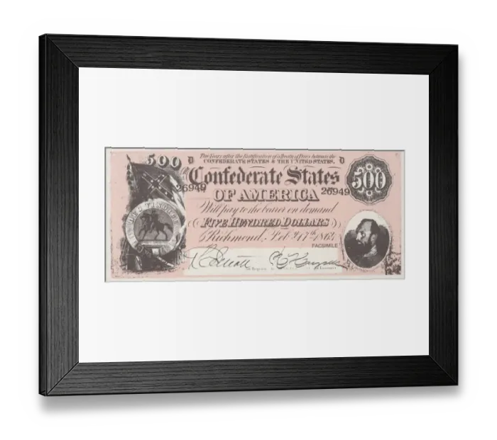 Framed Print : Bank Note. A Photograph of a Five Hundred Dollar Bank Note issued on February 17, 1864 Framed Print : Bank Note. A Photograph of a Five Hundred Dollar Bank Note issued on February 17, 1864