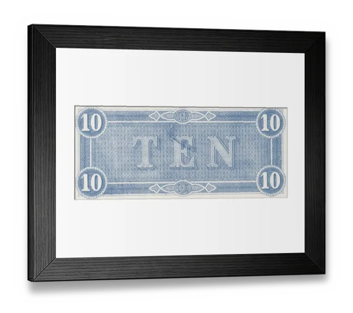 Framed Print : Bank Note. A Photograph of the back of a Ten Dollar Bank Note issued on February 17, 1864 Framed Print : Bank Note. A Photograph of the back of a Ten Dollar Bank Note issued on February 17, 1864