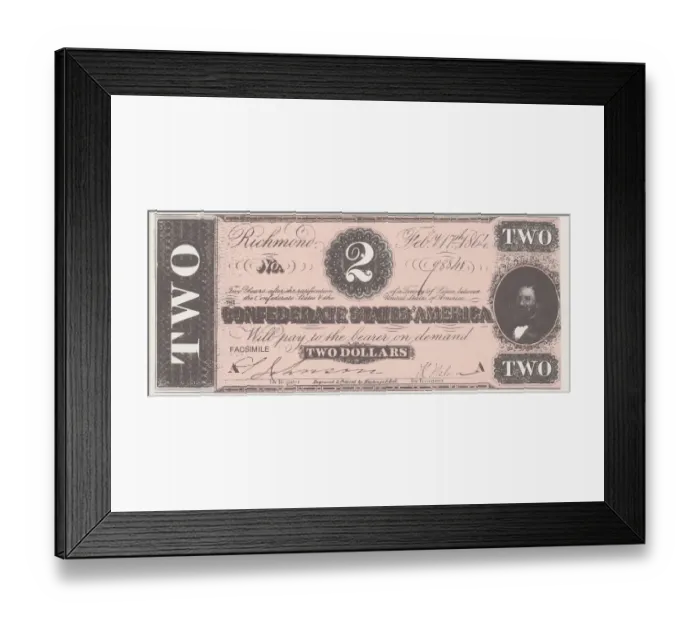 Framed Print : Bank Note. A Photograph of a Two Dollar Bank Note issued on February 17, 1864