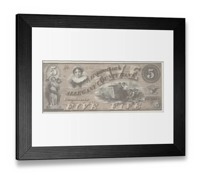 Framed Print : Bank Note. A Photograph of a Five Dollar Bank Note issued on January 4, 1860 Framed Print : Bank Note. A Photograph of a Five Dollar Bank Note issued on January 4, 1860