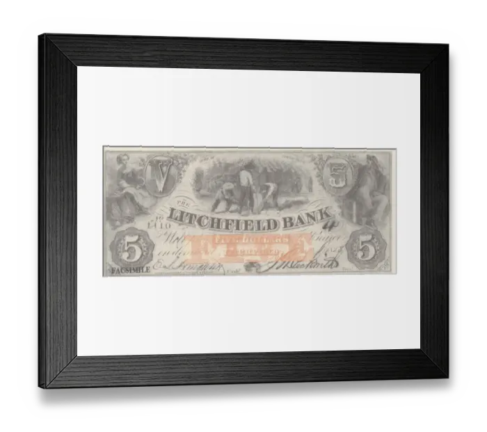 Framed Print : Bank Note. A Photograph of a Five Dollar Bank Note circa 1858 Framed Print : Bank Note. A Photograph of a Five Dollar Bank Note circa 1858
