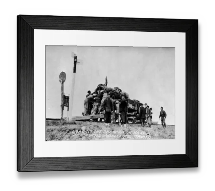 Framed Print : Men Load Vehicle Onto Hand Cars Framed Print : Men Load Vehicle Onto Hand Cars