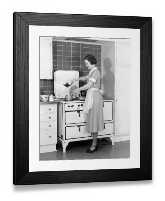Framed Print : Woman In Cotton Dress & Maid Apron Standing Framed Print : Woman In Cotton Dress & Maid Apron Standing