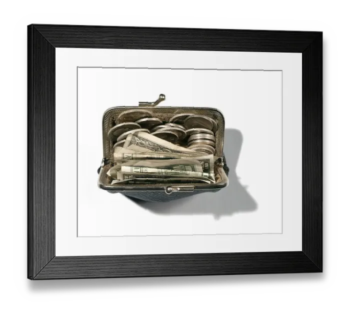Framed Print : Change Purse With Bills And Coins Framed Print : Change Purse With Bills And Coins