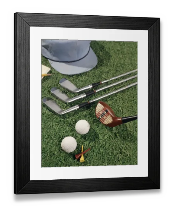 Framed Print : Glof Clubs Hat Balls Tee Scoring Card Pencil Framed Print : Glof Clubs Hat Balls Tee Scoring Card Pencil