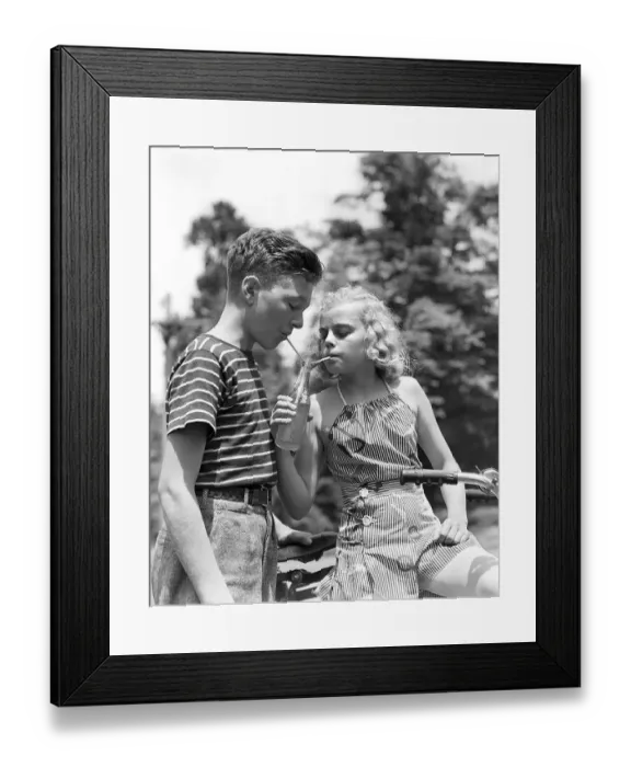 Framed Print : Boy In Horozonial Stripe Shirt & Girl Wearing A Ve Framed Print : Boy In Horozonial Stripe Shirt & Girl Wearing A Ve