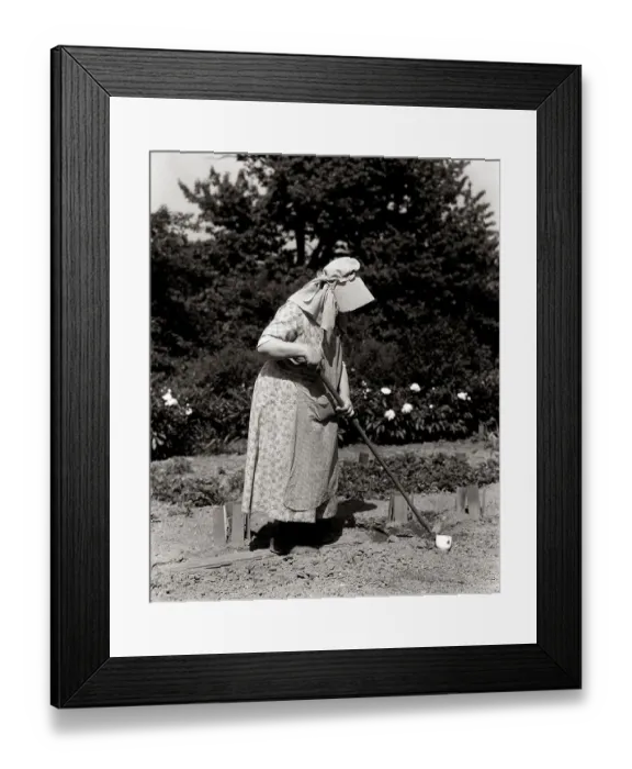 Framed Print : Woman In Bonnet Hoeing In Garden