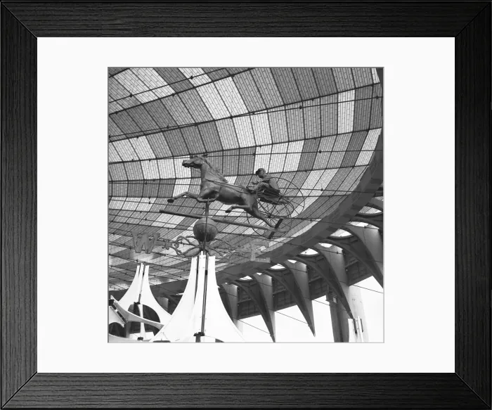 Framed Print : Sculpture of chariot under glazed roof, (B&W), low angle view