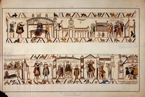 Bayeux Tapestry Scene -Edward the Confessor (c. 1003 - 1066) dies and the crown passes to King Harold II (c. 1022 - 1066)