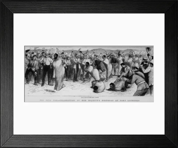 Framed Print : Sack Race. September 1879: British soldiers cheering on their Zulu allies Framed Print : Sack Race. September 1879: British soldiers cheering on their Zulu allies