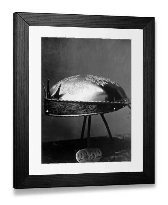 Framed Print : Steel Cap. A steel cap belonging to King Charles V displayed in the Royal Armoury, Madrid Framed Print : Steel Cap. A steel cap belonging to King Charles V displayed in the Royal Armoury, Madrid