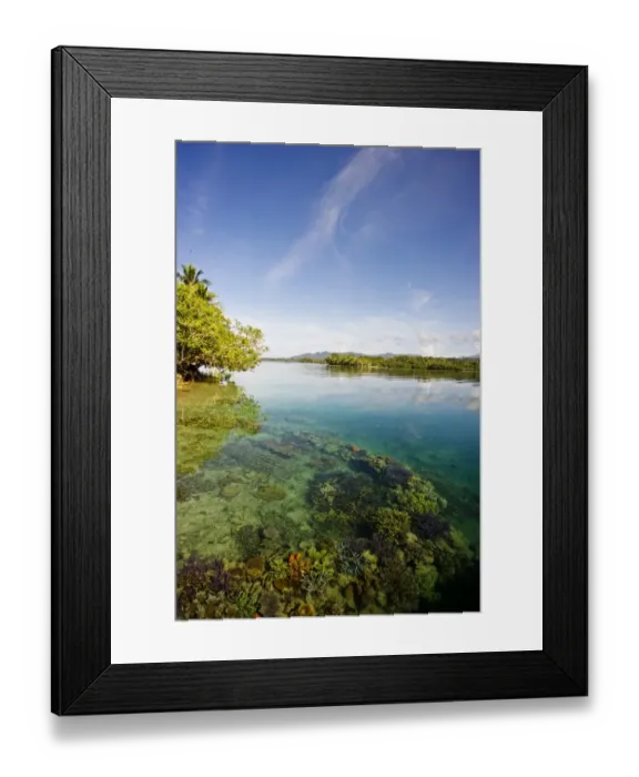 Framed Print : Shallow sea with coral, islands and sky Framed Print : Shallow sea with coral, islands and sky