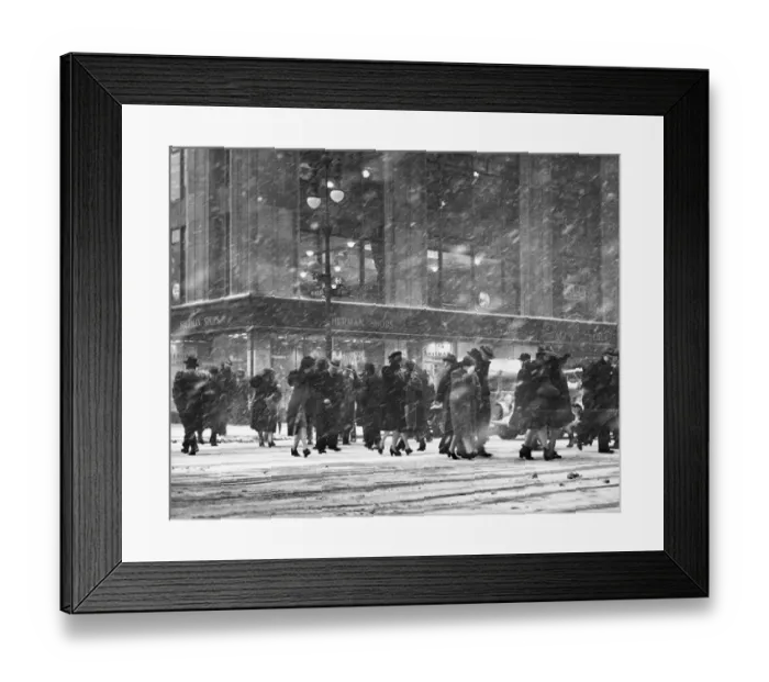 Framed Print : People crossing city street in snow stor Framed Print : People crossing city street in snow stor