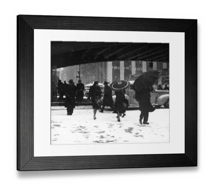 Framed Print : People crossing city street in snow stor