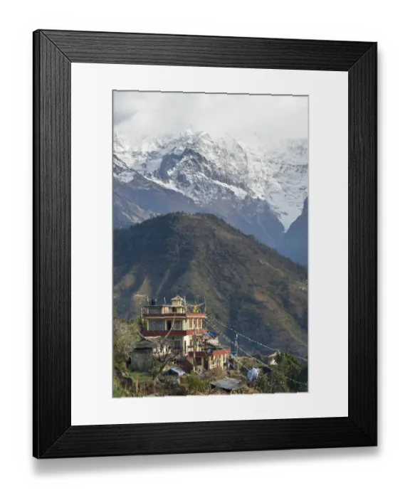 Framed Print : Prayer flags on hillside building Framed Print : Prayer flags on hillside building