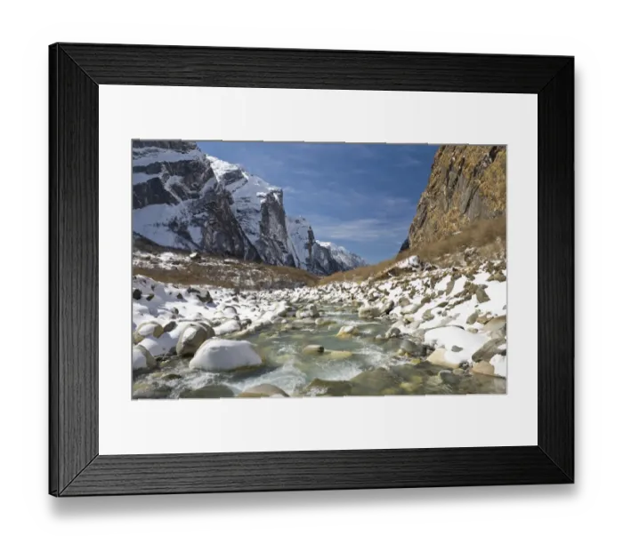 Framed Print : River in snowy mountain landscape Framed Print : River in snowy mountain landscape
