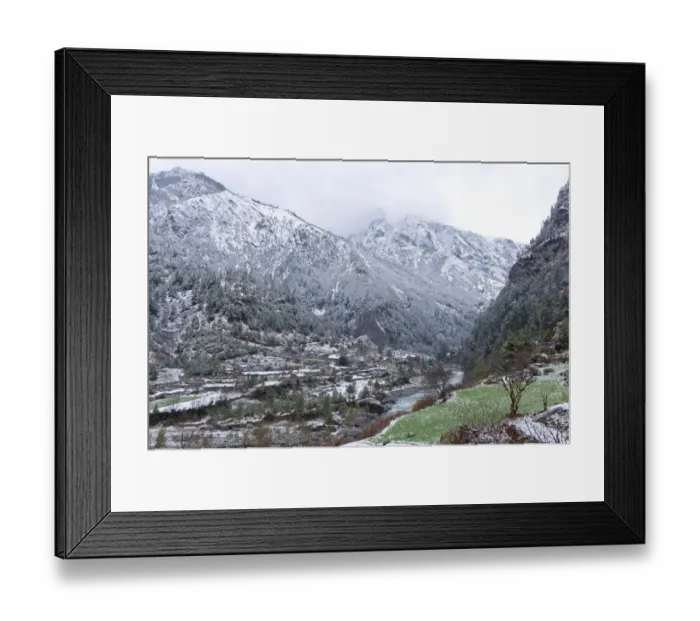 Framed Print : Snowy mountain valley landscape Framed Print : Snowy mountain valley landscape