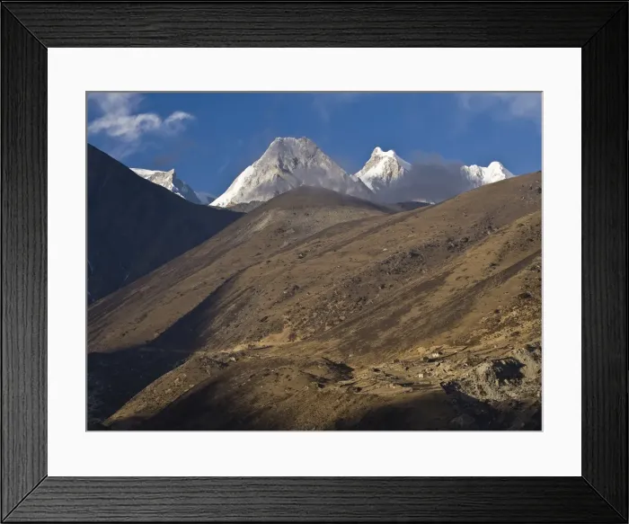 Framed Print : Snowy mountains overlooking valley Framed Print : Snowy mountains overlooking valley