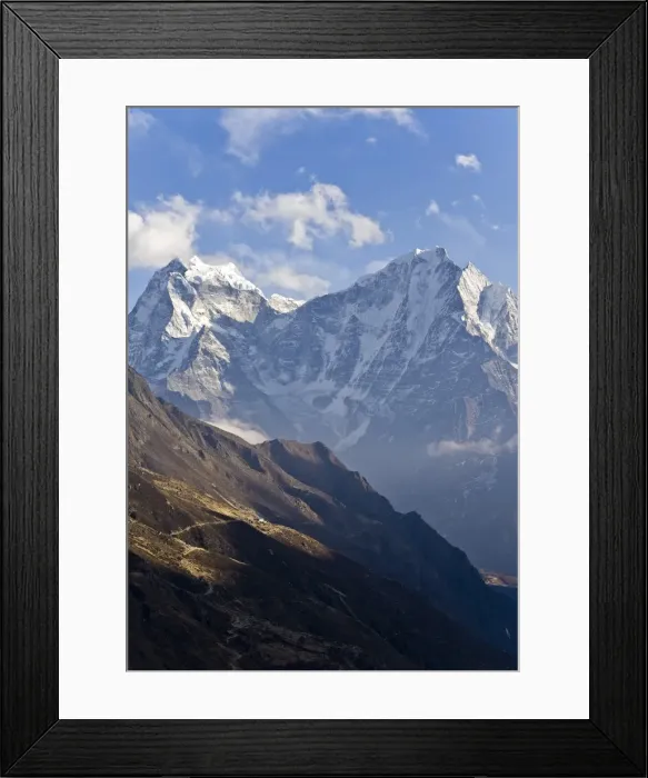 Framed Print : Snowy mountains overlooking valley Framed Print : Snowy mountains overlooking valley