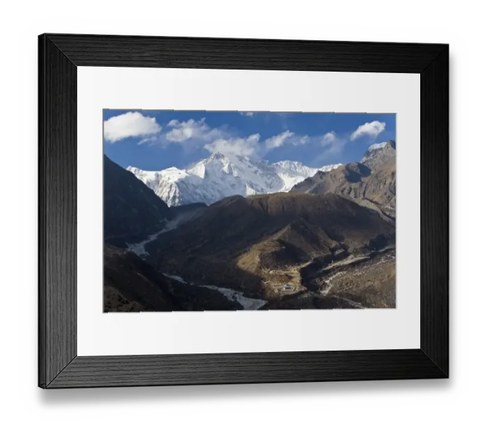 Framed Print : Snowy mountains overlooking valley Framed Print : Snowy mountains overlooking valley