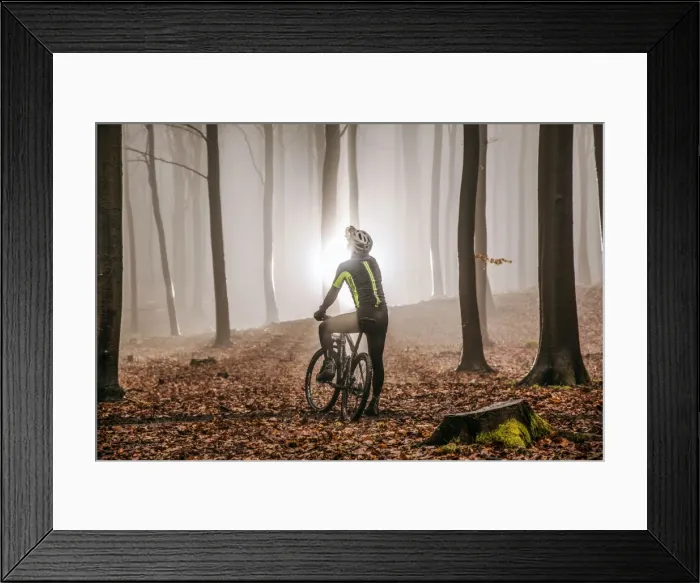 Framed Print : Mountain biker in misty forest Framed Print : Mountain biker in misty forest