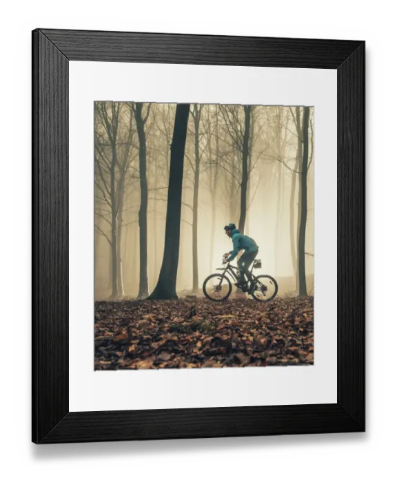 Framed Print : Mountain biker in misty forest Framed Print : Mountain biker in misty forest
