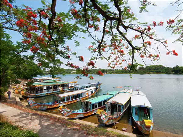 A boat station at Perfume River (Huong river) near Thien Mu pagoda, Hue, Vietnam