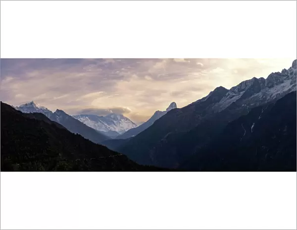 Panorama of the top of Himalayan mountain range with sunrise