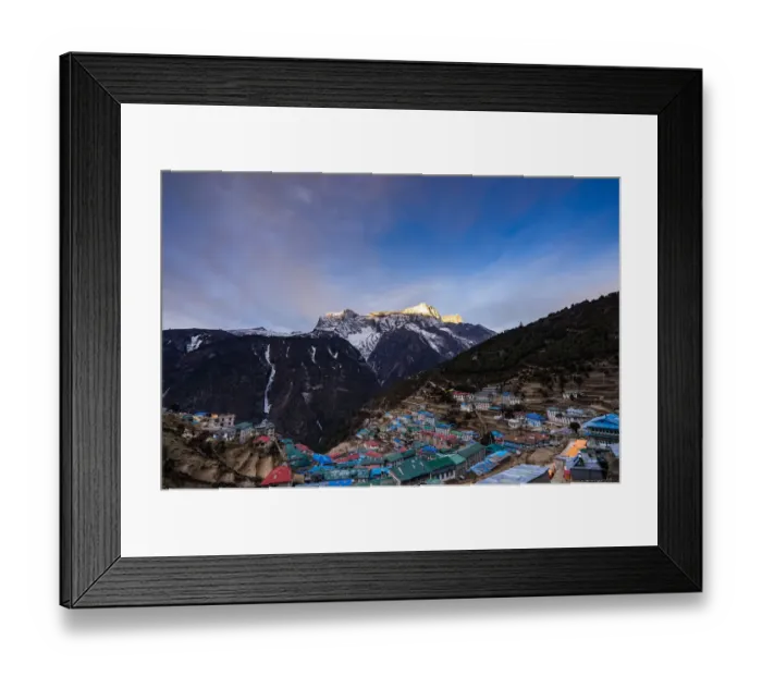 Framed Print : Namche barzaar village with Kongde Ri peak background in the morning Framed Print : Namche barzaar village with Kongde Ri peak background in the morning