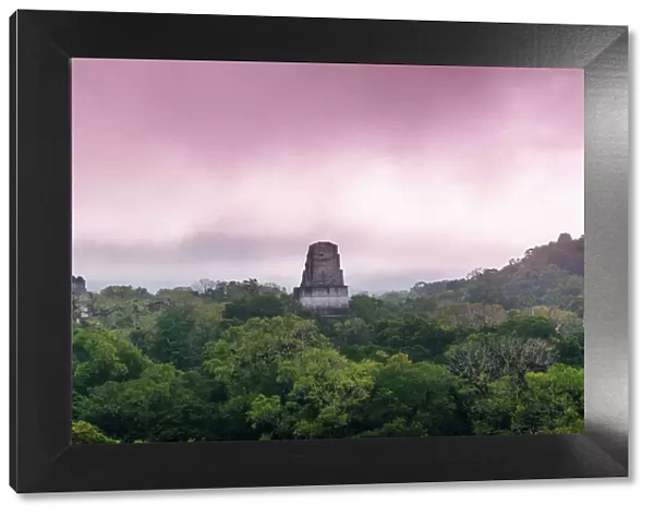 View of Tikal temples in the forest at sunrise
