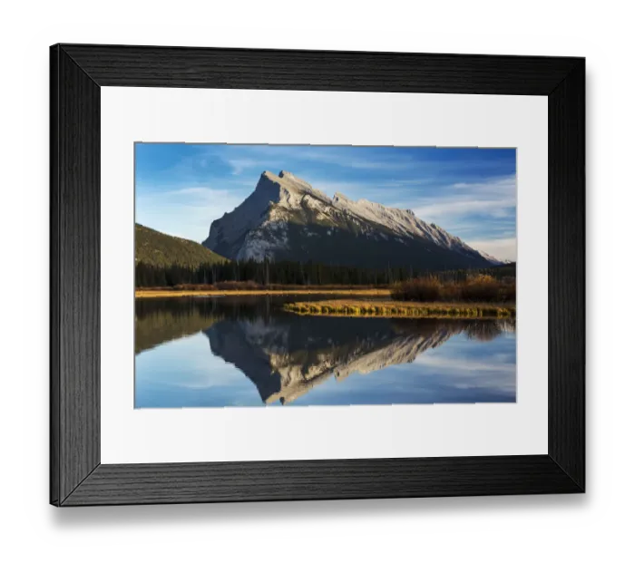Framed Print : Mountain lake reflecting mountain at sunset with blue sky and clouds, Banff National Park Framed Print : Mountain lake reflecting mountain at sunset with blue sky and clouds, Banff National Park