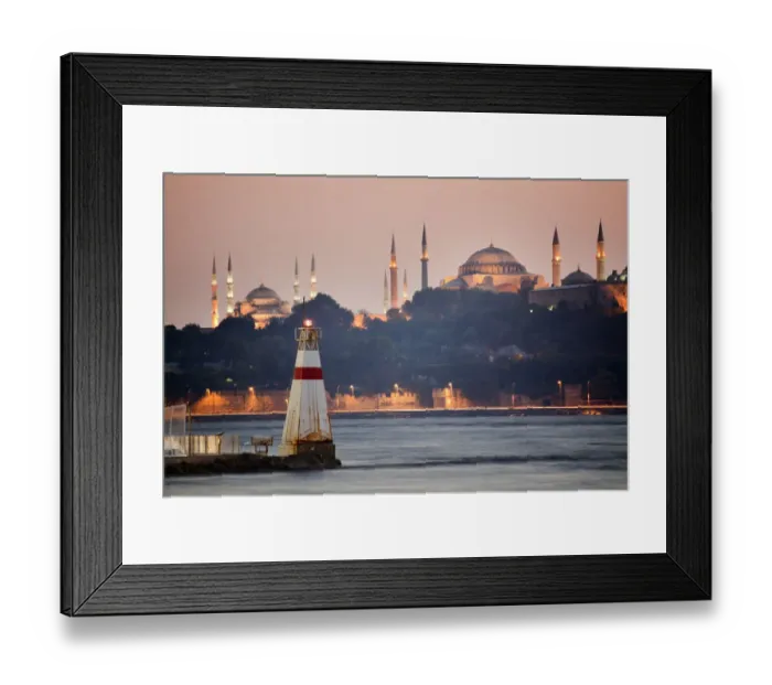 Framed Print : Sunset in Istanbul from skudar with the Sultan Ahmed Mosque (Blue Mosque) and Hagia Sophia museum