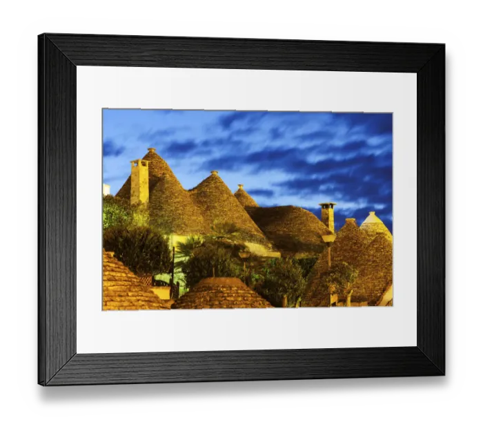 Framed Print : Italy, Apulia, Alberobello, Traditional roofs of trulli houses at sunset Framed Print : Italy, Apulia, Alberobello, Traditional roofs of trulli houses at sunset