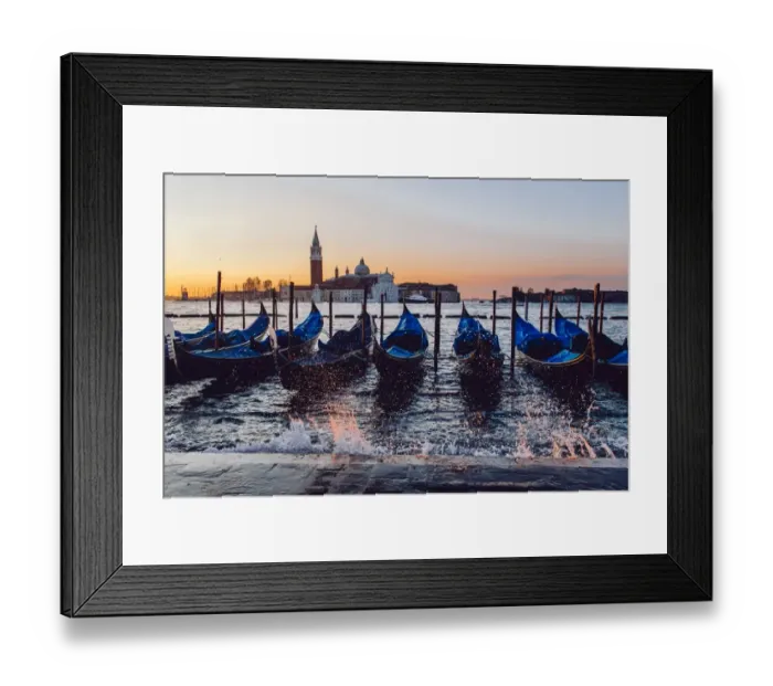 Framed Print : Sunrise view on gondola station near Piazza San Marco with Church of San Giorgio Maggiore on the backround during the rising tide