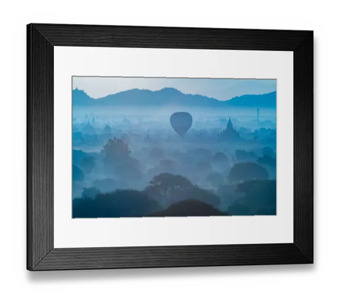 Framed Print : A balloon flying down near the old Bagan pagoda with morning fog Framed Print : A balloon flying down near the old Bagan pagoda with morning fog