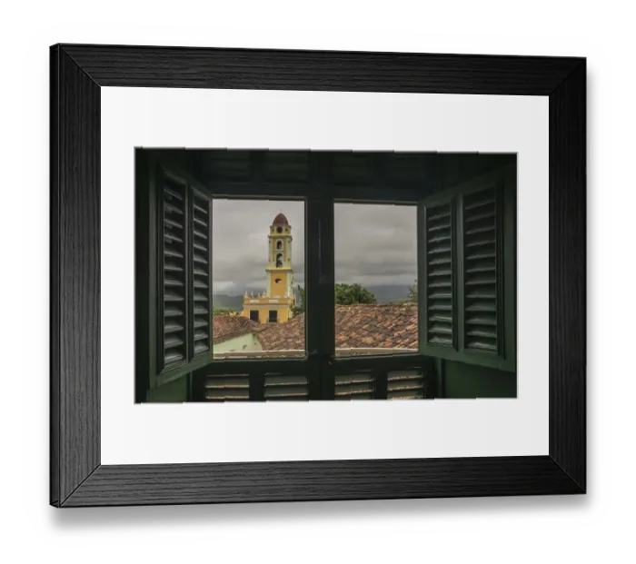 Framed Print : View of a church from a colonial window Framed Print : View of a church from a colonial window