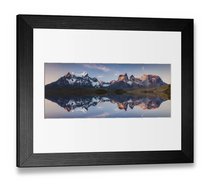 Framed Print : Panorama of a colorful sunset in Torres del Paine, Chile Framed Print : Panorama of a colorful sunset in Torres del Paine, Chile