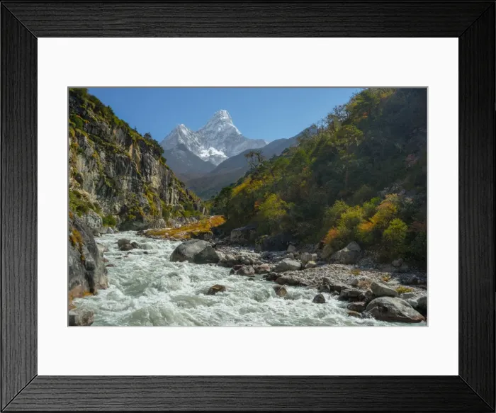 Framed Print : Ama Dablam mountain peak and small river Framed Print : Ama Dablam mountain peak and small river