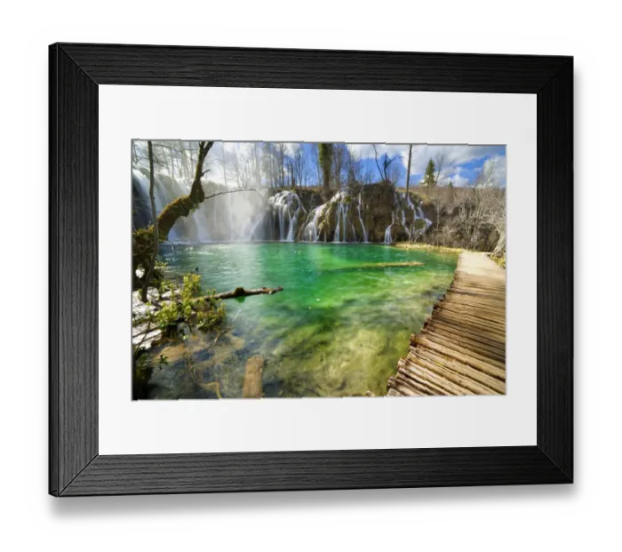 Framed Print : Empty boardwalk by waterfalls at Plitvice Lakes