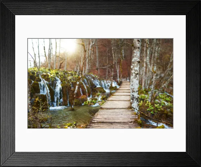 Framed Print : Boardwalk lined with waterfalls, Plitvice Lakes Framed Print : Boardwalk lined with waterfalls, Plitvice Lakes