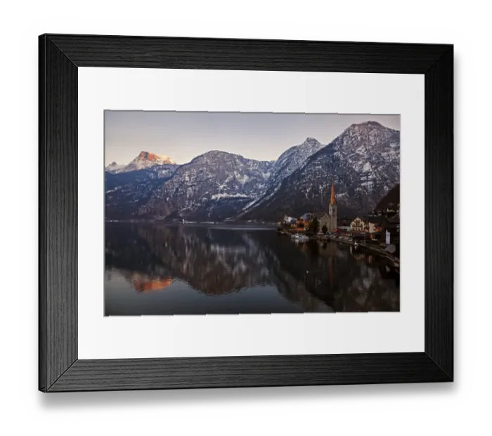 Framed Print : Austria, Hallstatt, Town and mountains reflecting in lake Framed Print : Austria, Hallstatt, Town and mountains reflecting in lake