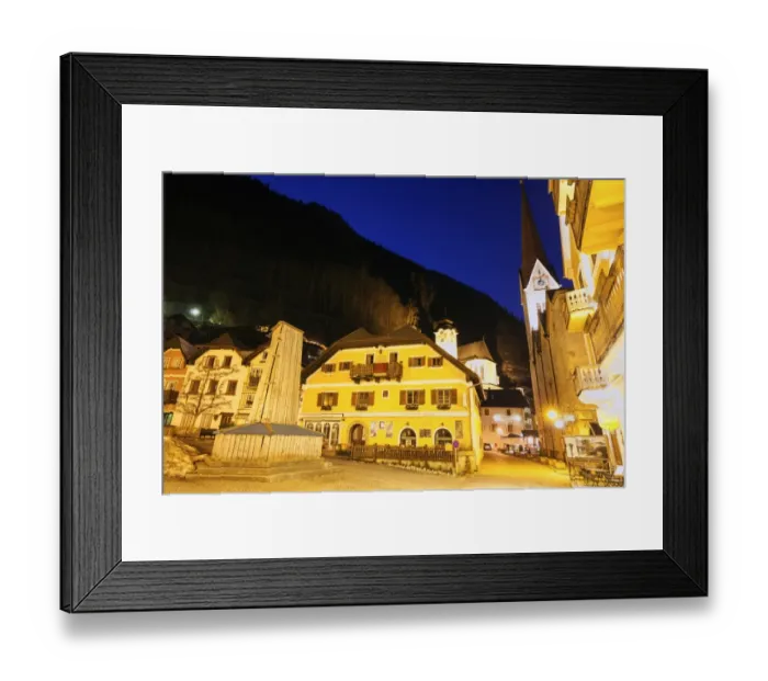 Framed Print : Austria, Hallstatt, Illuminated town at night Framed Print : Austria, Hallstatt, Illuminated town at night