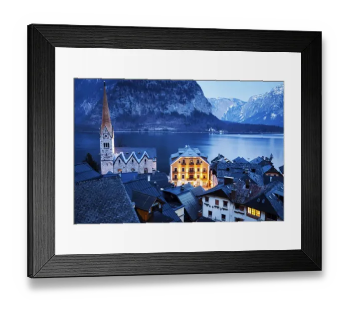 Framed Print : Austria, Hallstatt, Town with lake and mountains in background Framed Print : Austria, Hallstatt, Town with lake and mountains in background