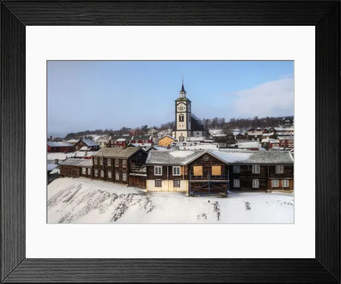 Framed Print : Roros old mining town with church hill in winter Framed Print : Roros old mining town with church hill in winter
