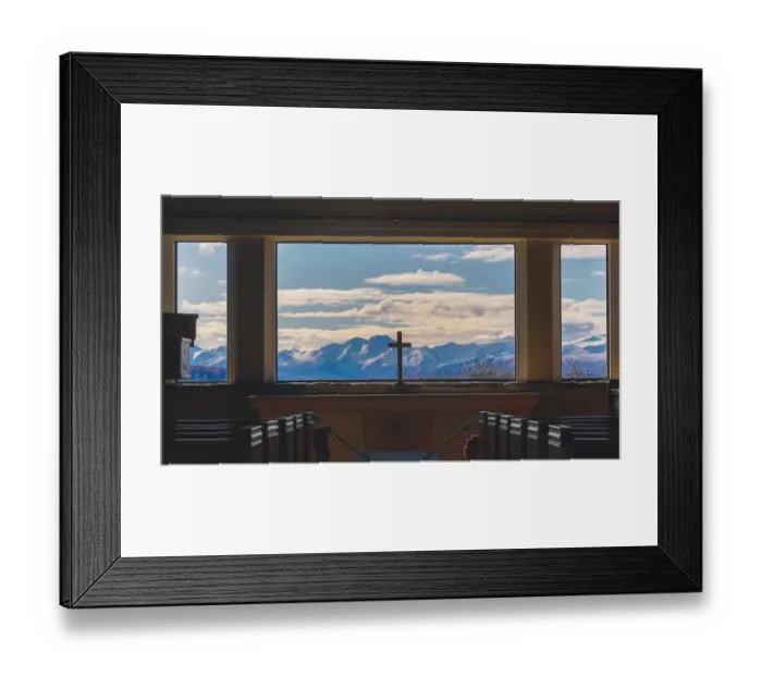 Framed Print : A cross inside Church with Mountain background