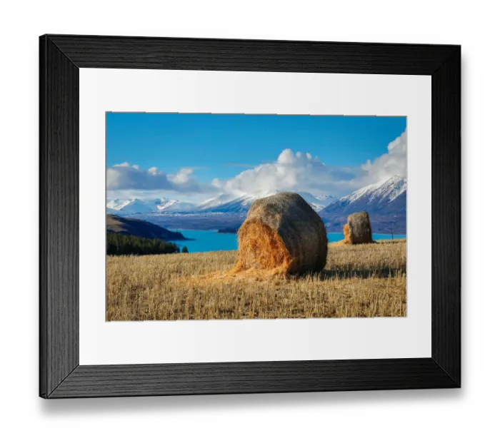 Framed Print : Lake Tekapo with hay bales and mountain background Framed Print : Lake Tekapo with hay bales and mountain background