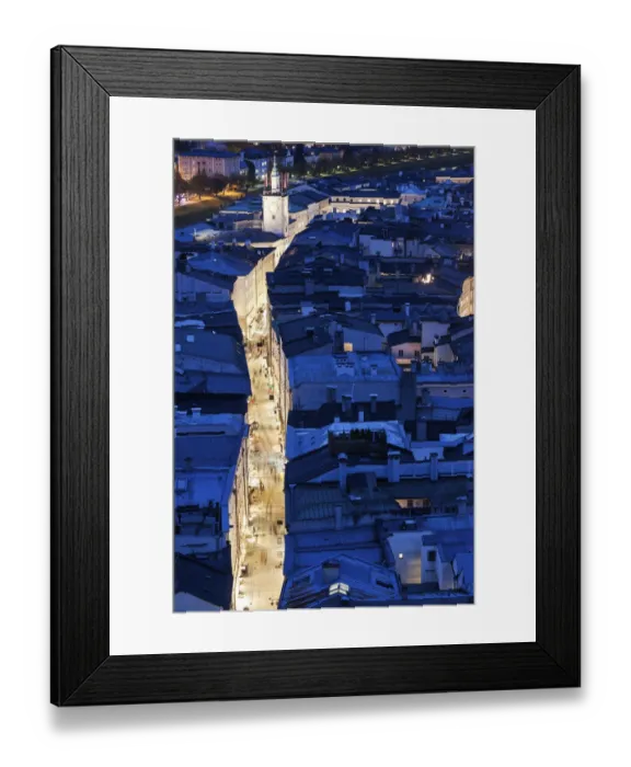 Framed Print : Austria, Salzburg, Getreidegasse and Salzburg Town Hall, Elevated view of cityscape Framed Print : Austria, Salzburg, Getreidegasse and Salzburg Town Hall, Elevated view of cityscape