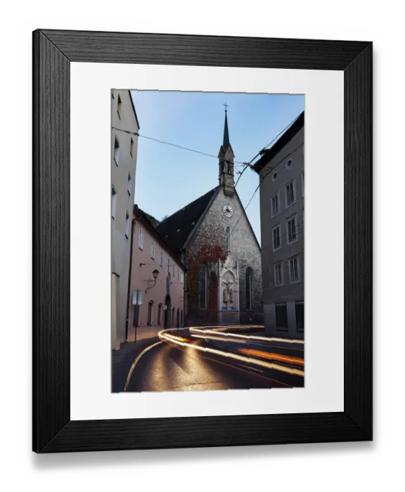Framed Print : Austria, Salzburg, St. Blaises Church, Light trails on old town street Framed Print : Austria, Salzburg, St. Blaises Church, Light trails on old town street